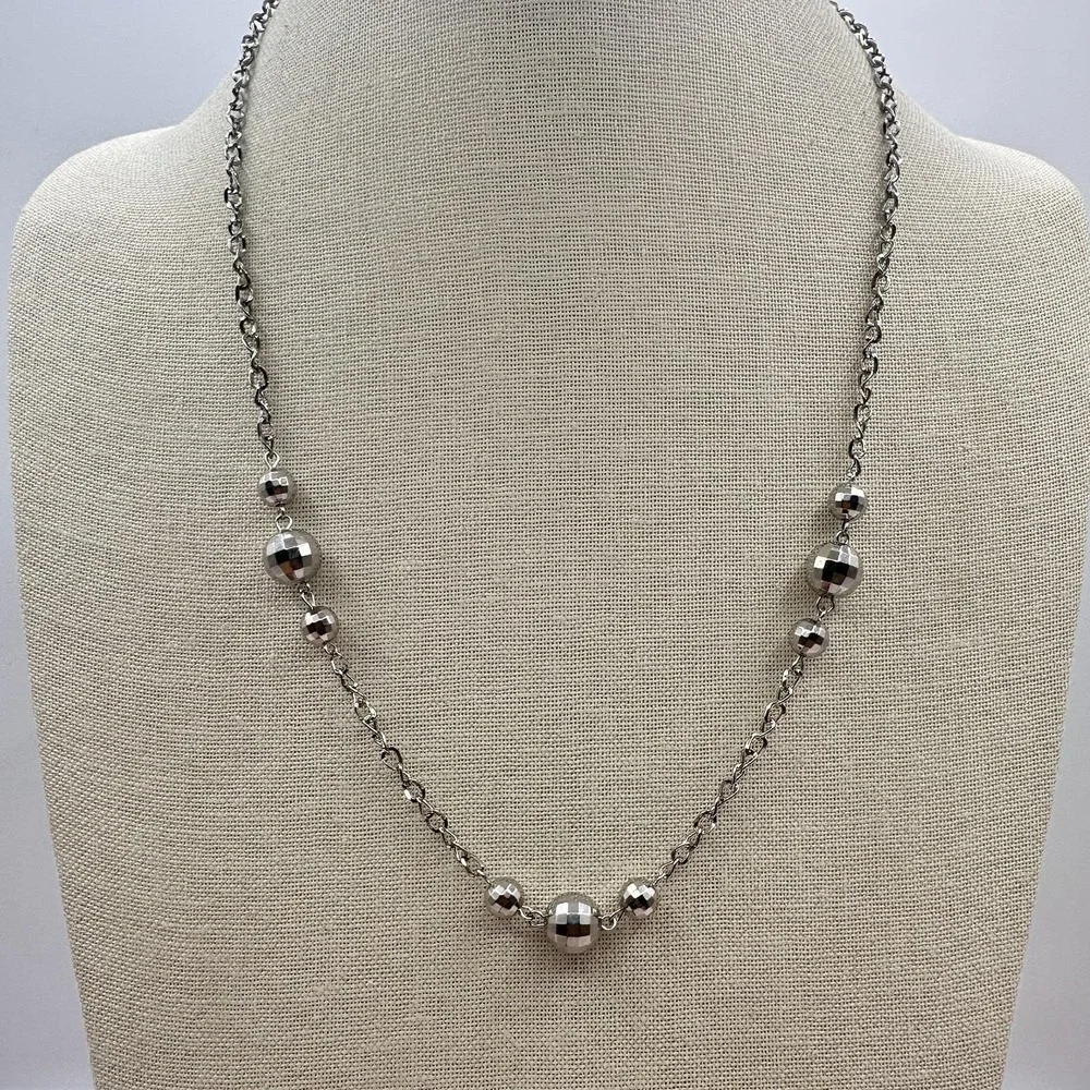 Vintage 90s Silver Tone Faceted Disco Ball Bead Station Necklace Retro Jewelry‎